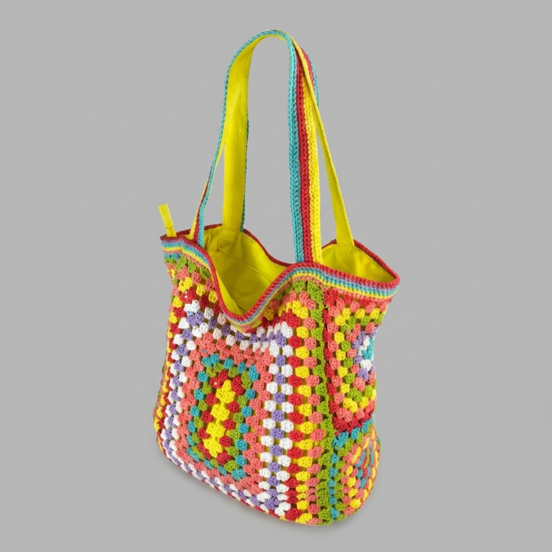 Yellow crocheted bag with a pattern on a gray background