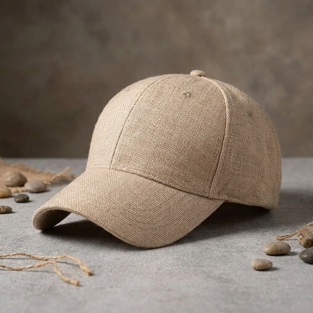 Khaki baseball cap on a gray surface with a neutral background