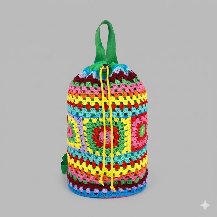 Green crocheted drawstring bag on a gray background