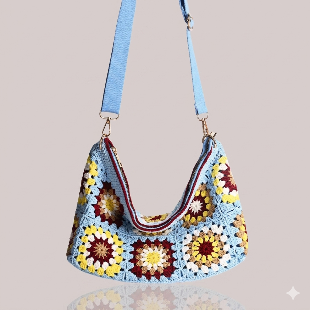 Colorful crocheted bag with a blue strap on a beige background