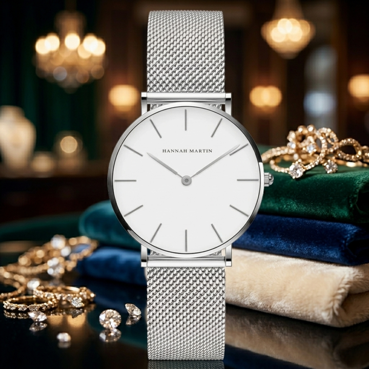 Silver watch with a mesh band on a decorative surface with jewelry in the background