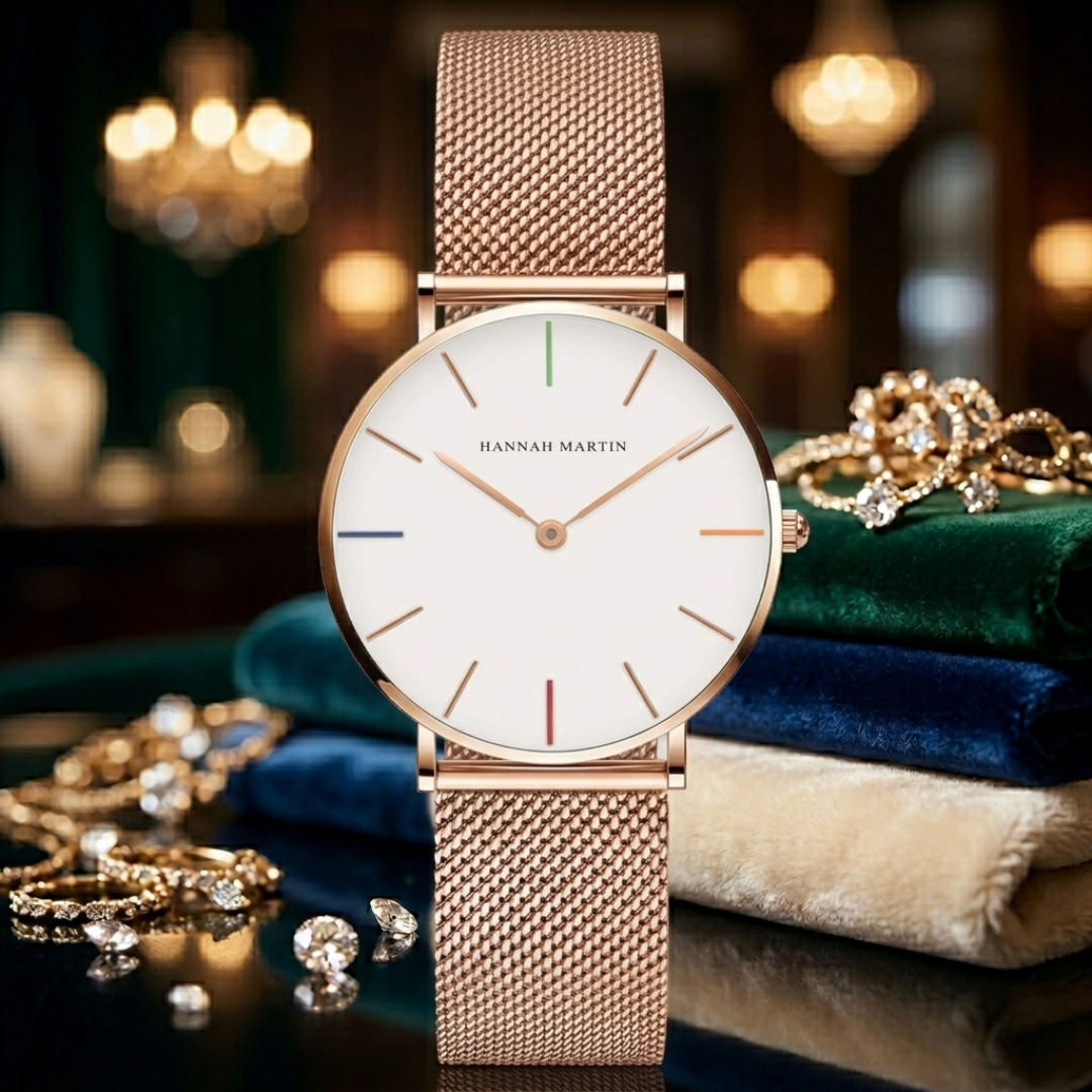Rose gold watch with white face on a dark background