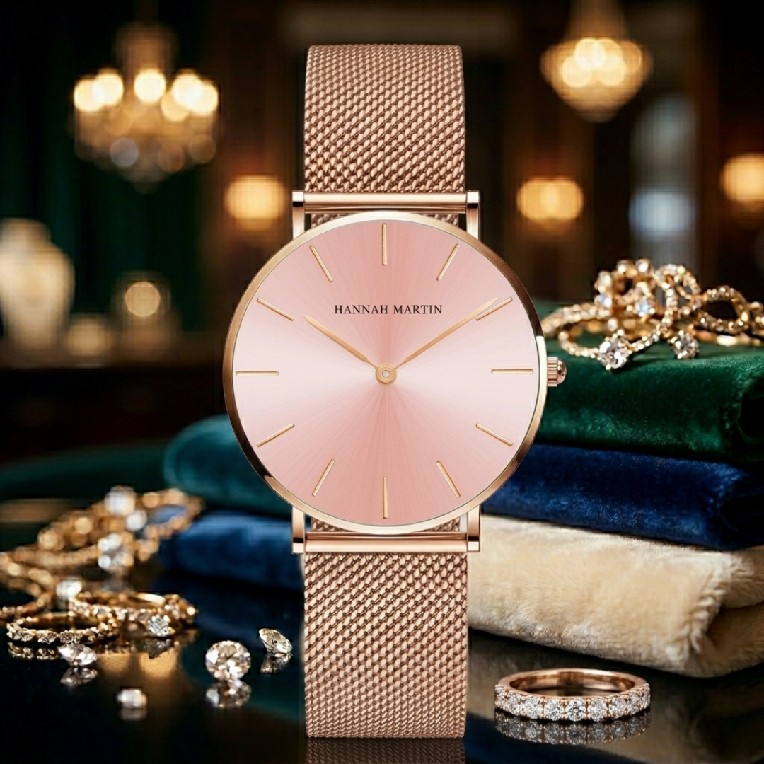 Rose gold watch with pink dial on a dark background