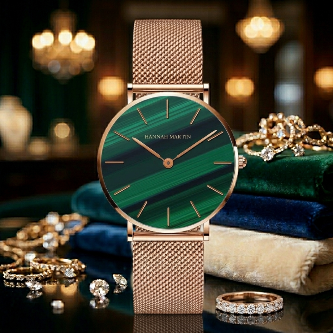 Rose gold watch with green face on a decorative background with jewelry.