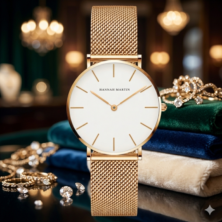 Gold watch with white face on a dark surface with blurred jewelry in the background