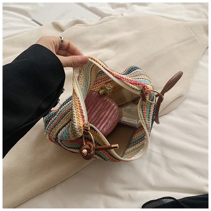 straw tote bag with detachable coin purse and secure zip closure