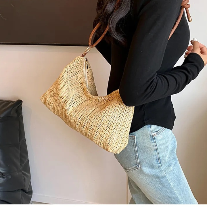 brown woven straw tote bag texture striped design close up