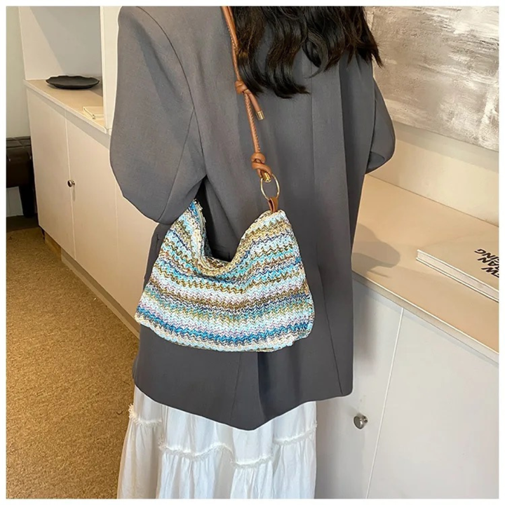 blue woven straw tote bag striped texture lightweight summer handbag