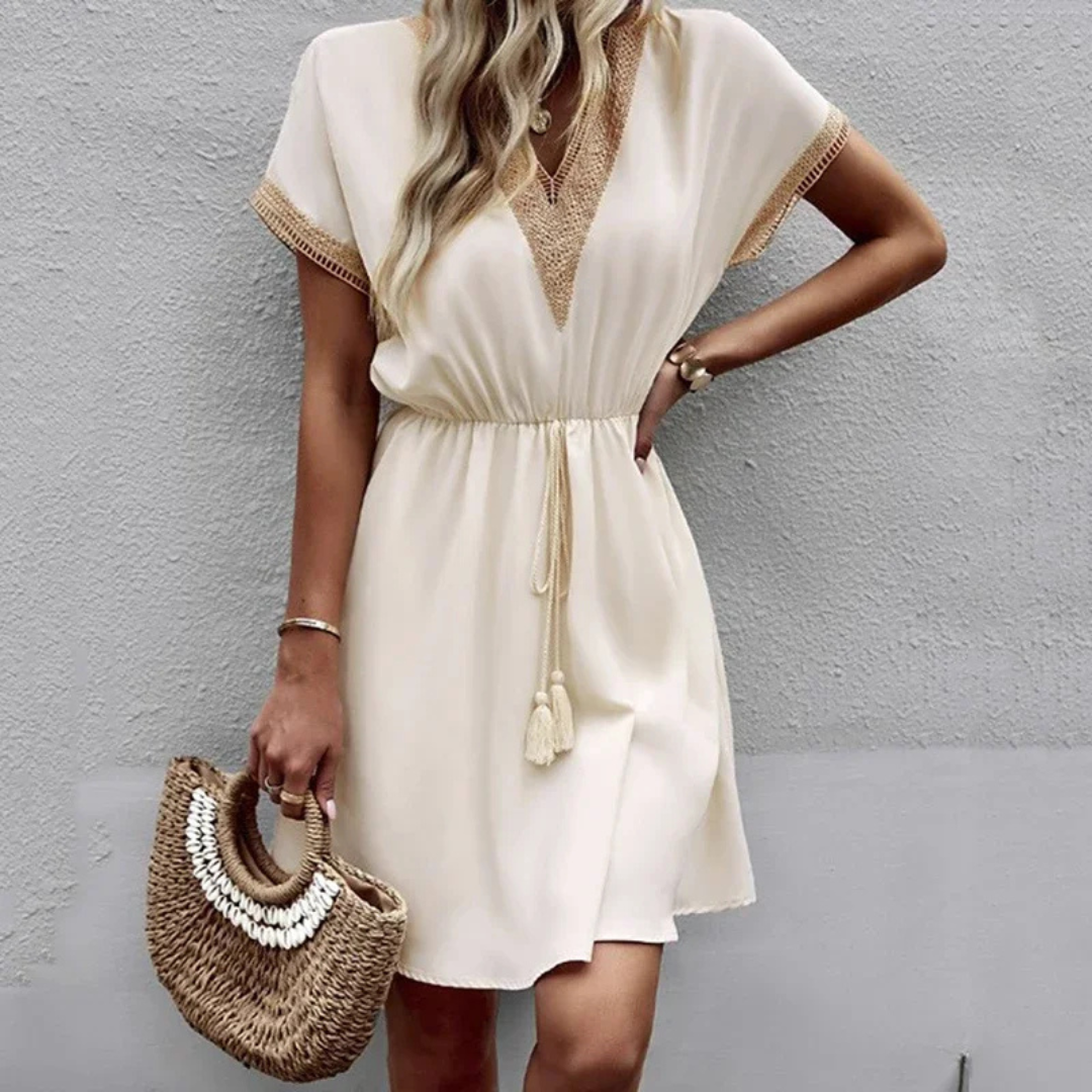 Dahlia Sweet Lace Midi Dress in Beige