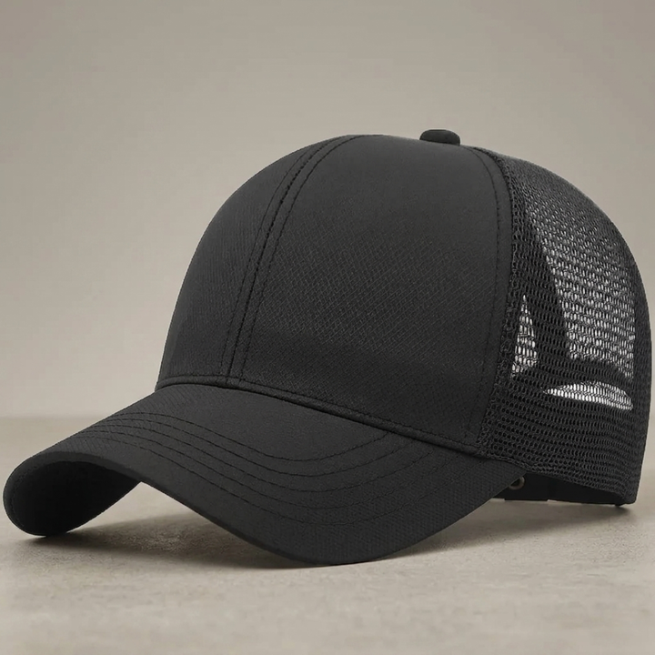 Black mesh cap on a light gray background