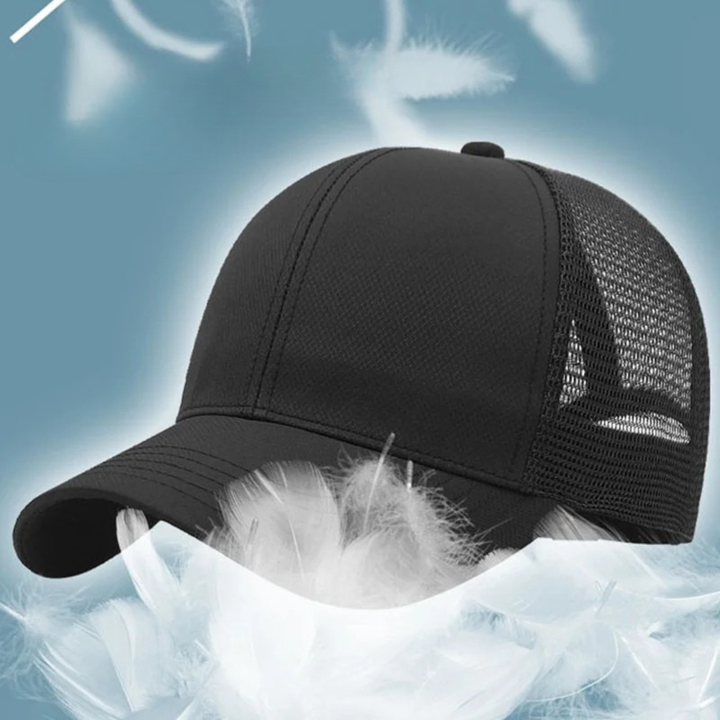 Black mesh cap on a blue background with feather effects