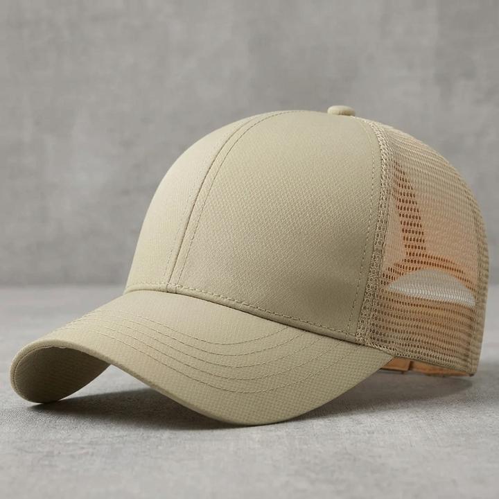 Beige baseball cap with mesh back on a gray background