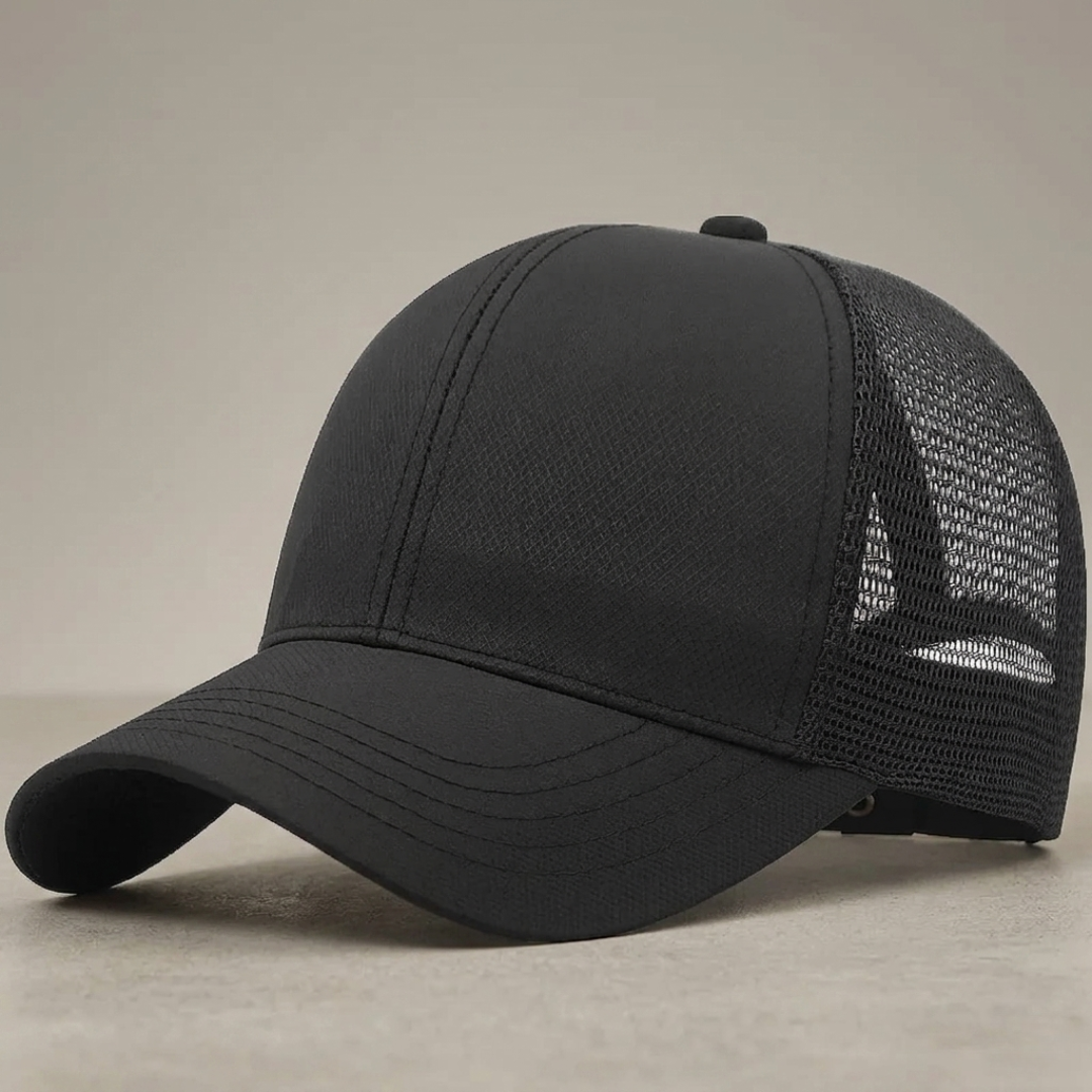 Black mesh cap on a light gray background