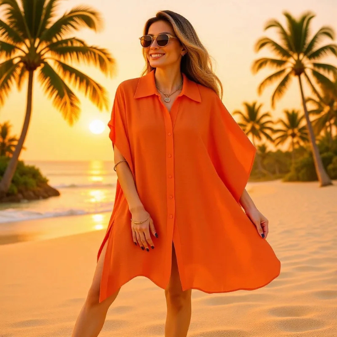 Woman in an orange dress standing on a beach with palm trees and sunset in the background