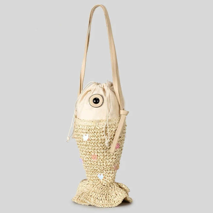 Woven fish-shaped bag with a drawstring on a gray background