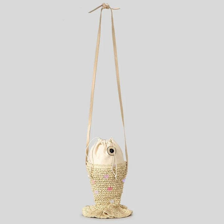 Fish-shaped bag with a strap on a light gray background