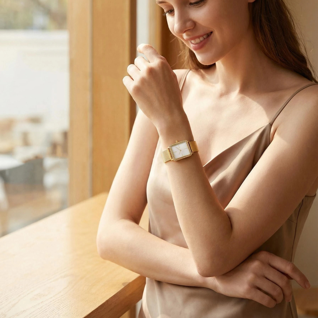 Woman wearing a gold watch in a bright room with large windows.