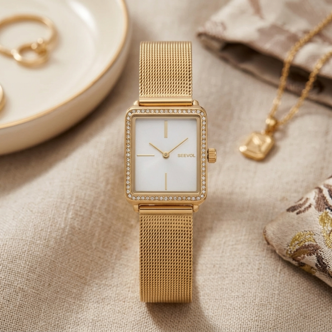 Gold watch with diamond accents on a textured surface