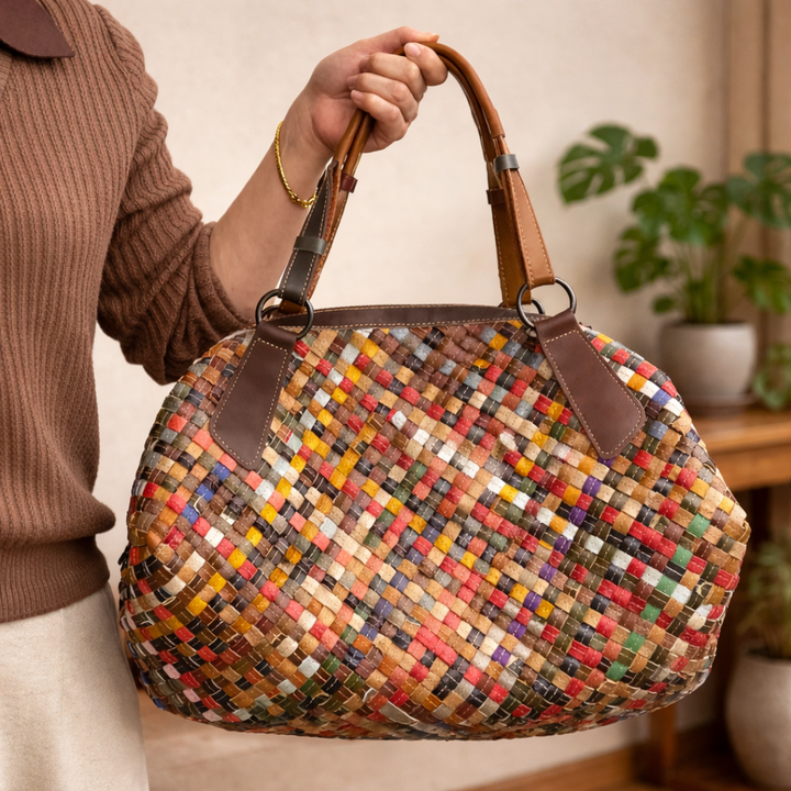 Aurelia prism woven tote bag, lightweight woven handbag for beach, travel, and casual summer styling