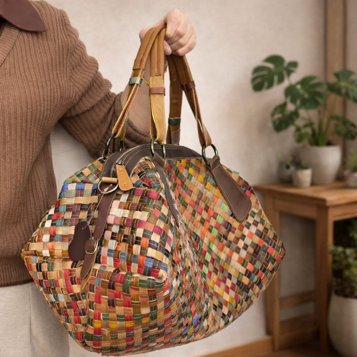 Aurelia prism woven tote bag, lightweight woven handbag for beach, travel, and casual summer styling