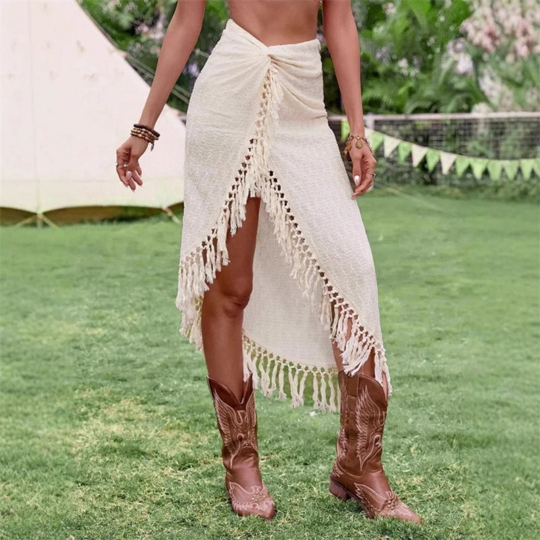 Calyra knot fringe skirt for women, boho fringe skirt with knot detail for beach, festival, and summer styling