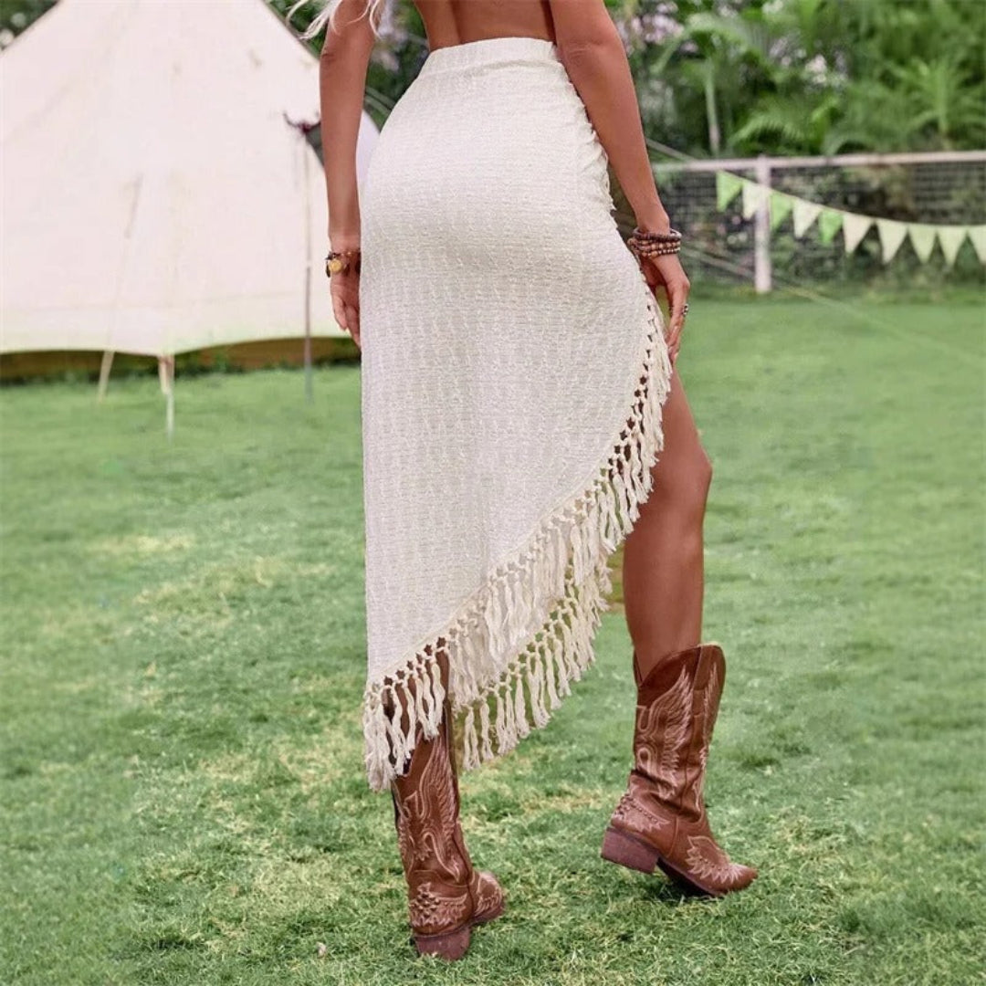 Calyra knot fringe skirt for women, boho fringe skirt with knot detail for beach, festival, and summer styling