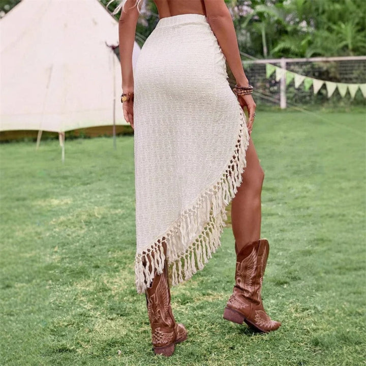 Calyra knot fringe skirt for women, boho fringe skirt with knot detail for beach, festival, and summer styling