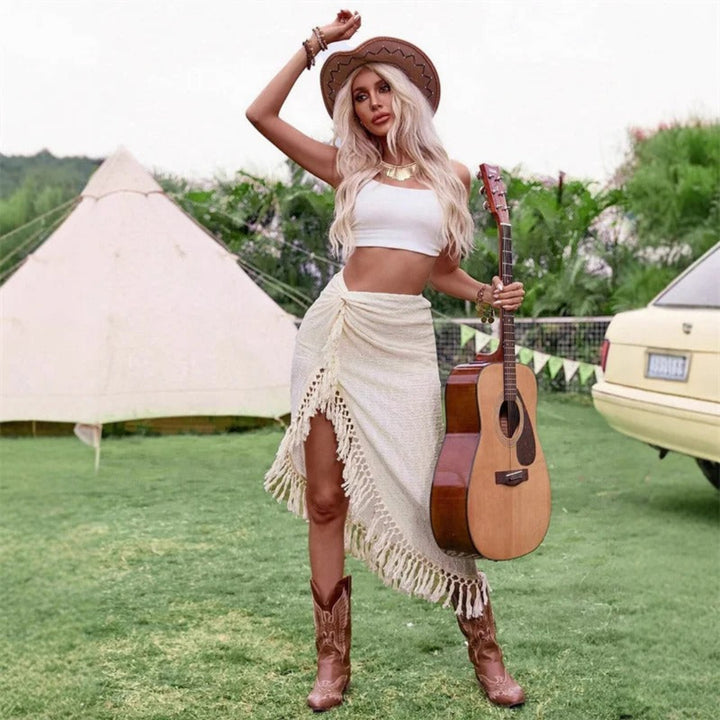 Calyra knot fringe skirt for women, boho fringe skirt with knot detail for beach, festival, and summer styling
