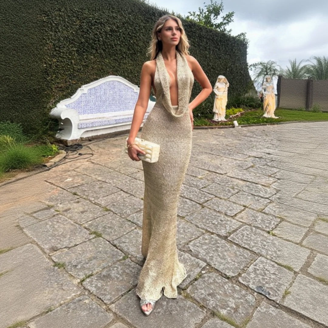 Coral Flame Backless Knit Maxi Dress