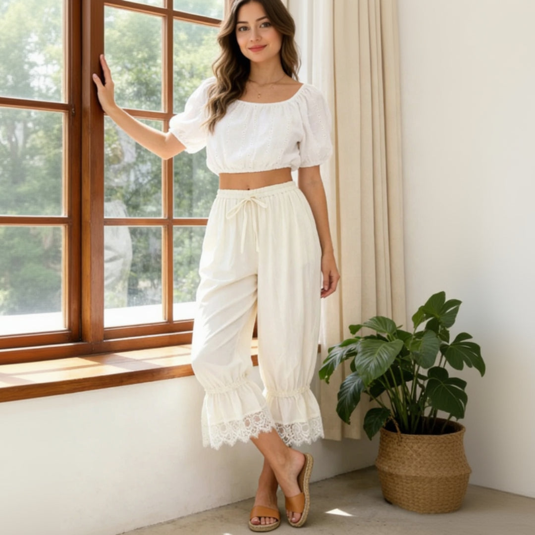 Delicate lace-edge capri pants for women, elegant cropped trousers with feminine lace trim detail, chic semi-formal summer bottoms