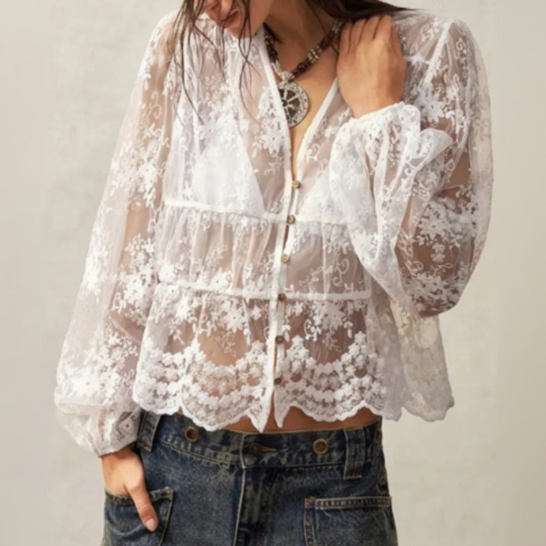 Embroidered mesh sheer top for women, delicate floral embroidery blouse with transparent fabric, elegant dressy layering piece