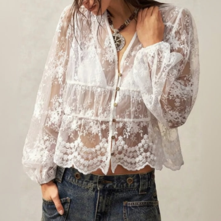 Embroidered mesh sheer top for women, delicate floral embroidery blouse with transparent fabric, elegant dressy layering piece