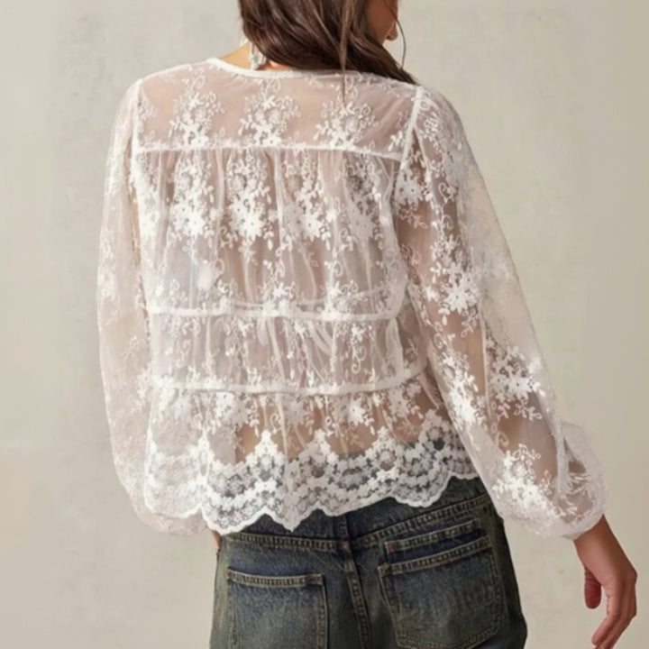 Embroidered mesh sheer top for women, delicate floral embroidery blouse with transparent fabric, elegant dressy layering piece