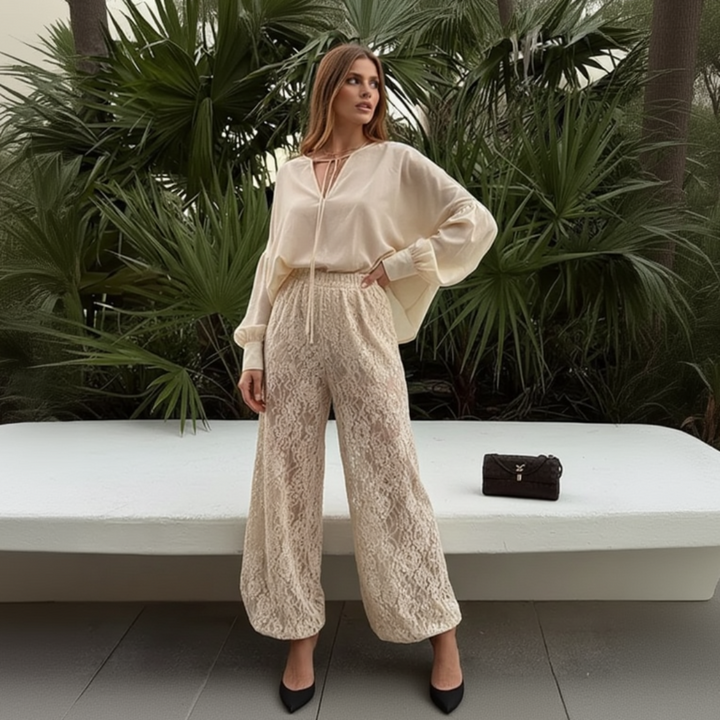 Floral loose-fit lace pants for women, lightweight sheer lace trousers with relaxed silhouette, romantic boho chic bottoms