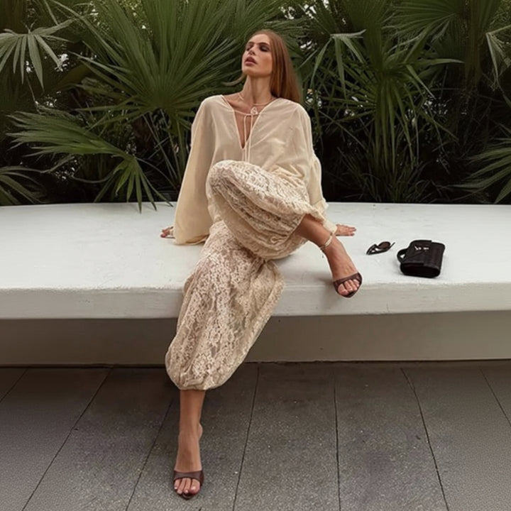 Floral loose-fit lace pants for women, lightweight sheer lace trousers with relaxed silhouette, romantic boho chic bottoms