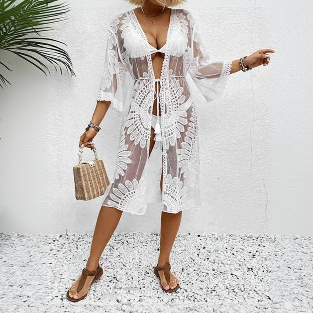 Floralia Sheer Lace Embroidered Beach Kimono