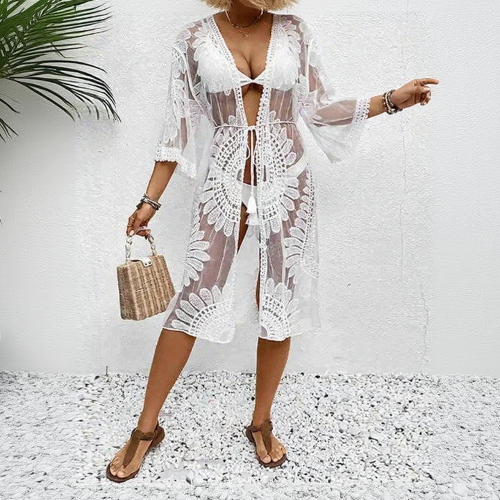 Floralia Sheer Lace Embroidered Beach Kimono