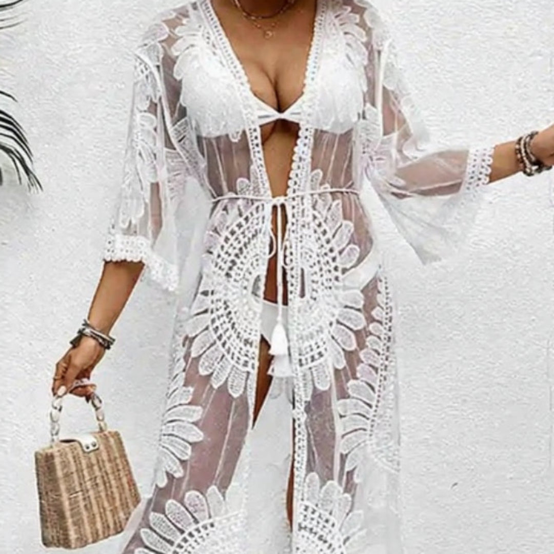 Floralia Sheer Lace Embroidered Beach Kimono