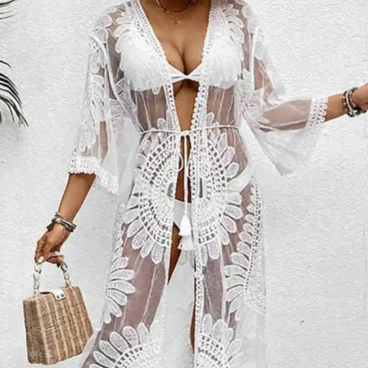 Floralia Sheer Lace Embroidered Beach Kimono
