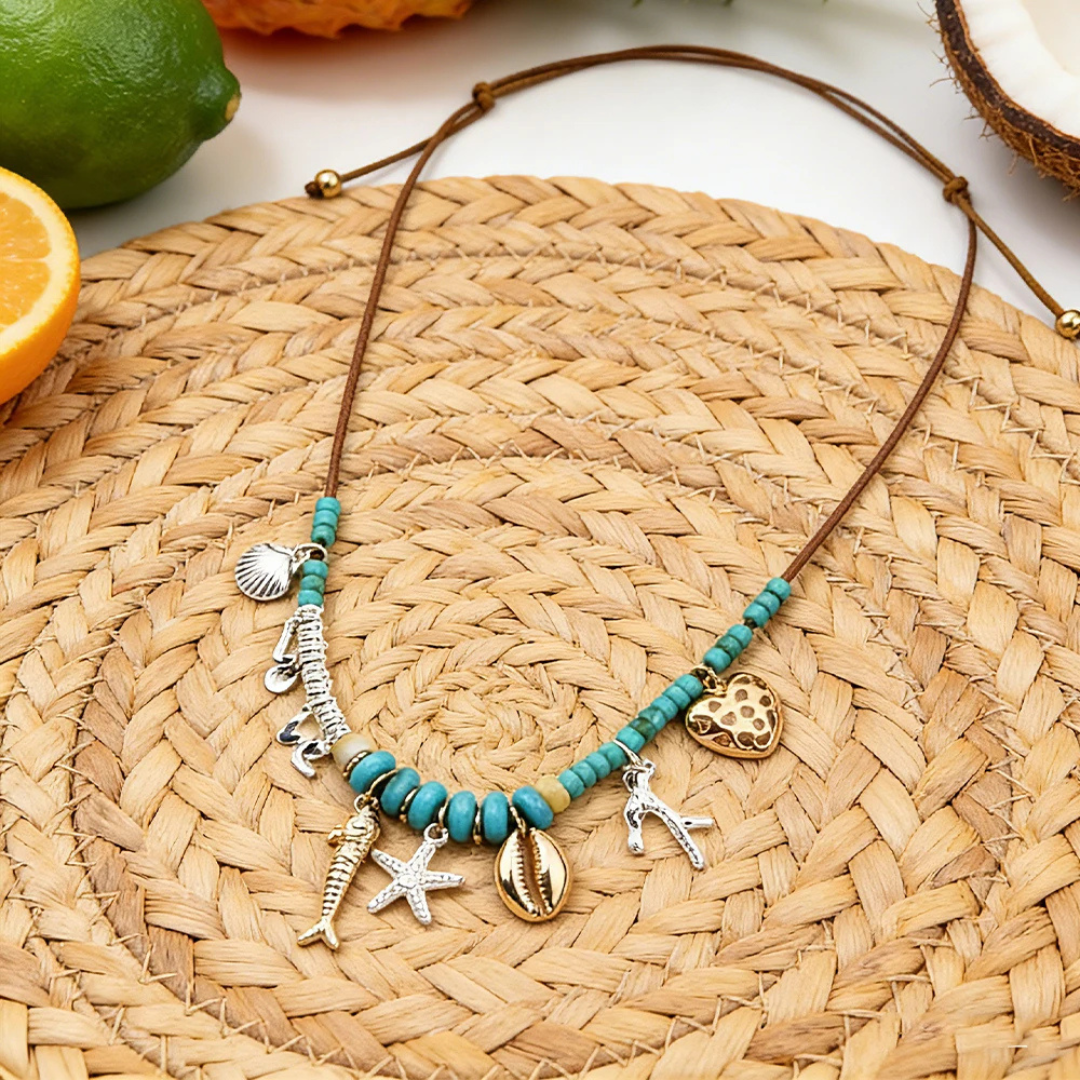 Turquoise Sea Charm Beaded Necklace