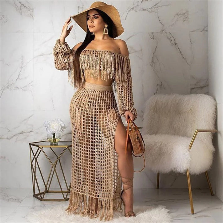 Isolde fringe off-shoulder set for women, boho two-piece outfit with fringe detail for beach and summer styling