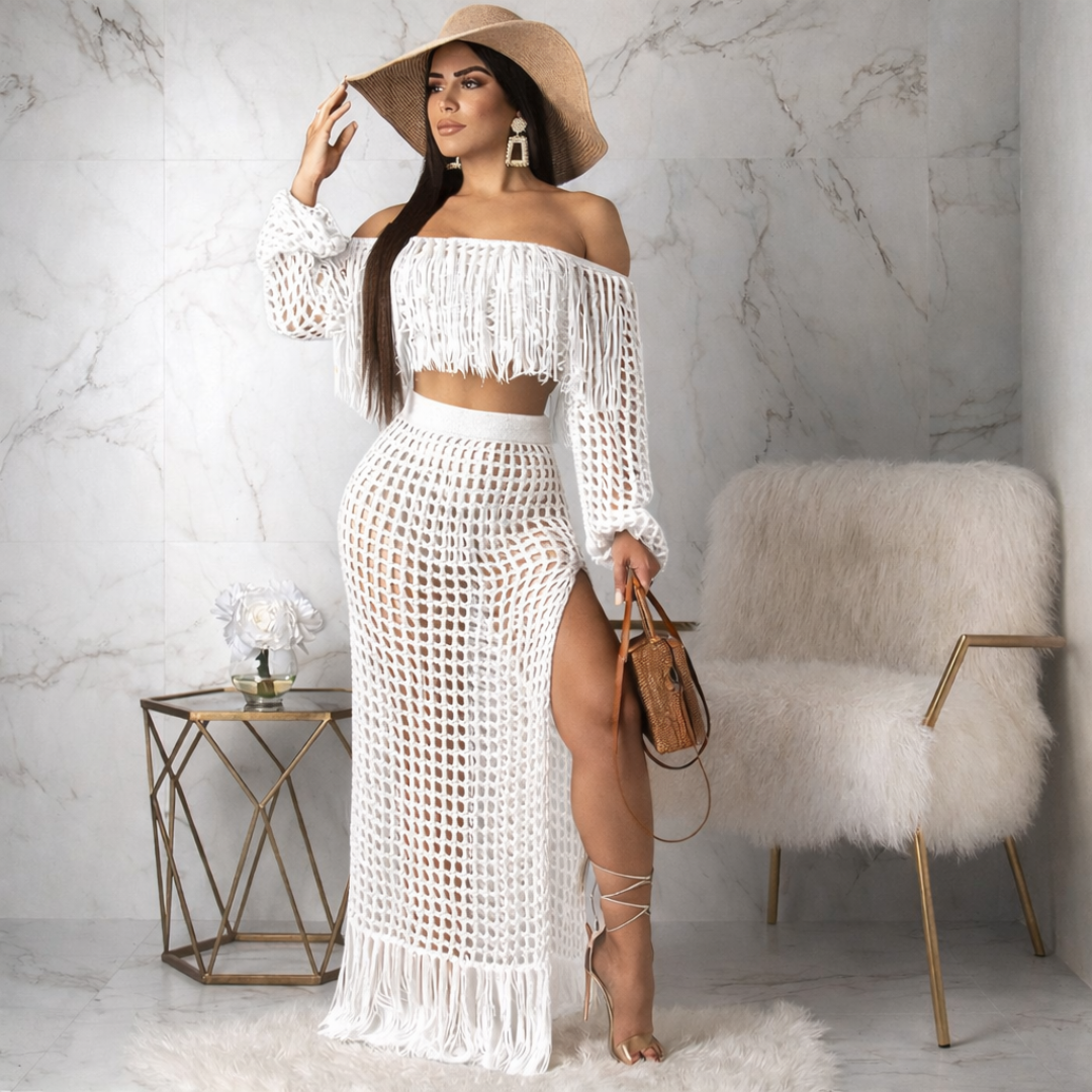 Isolde fringe off-shoulder set for women, boho two-piece outfit with fringe detail for beach and summer styling
