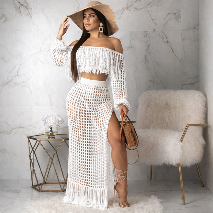 Isolde fringe off-shoulder set for women, boho two-piece outfit with fringe detail for beach and summer styling