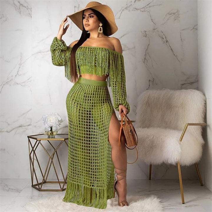 Isolde fringe off-shoulder set for women, boho two-piece outfit with fringe detail for beach and summer styling