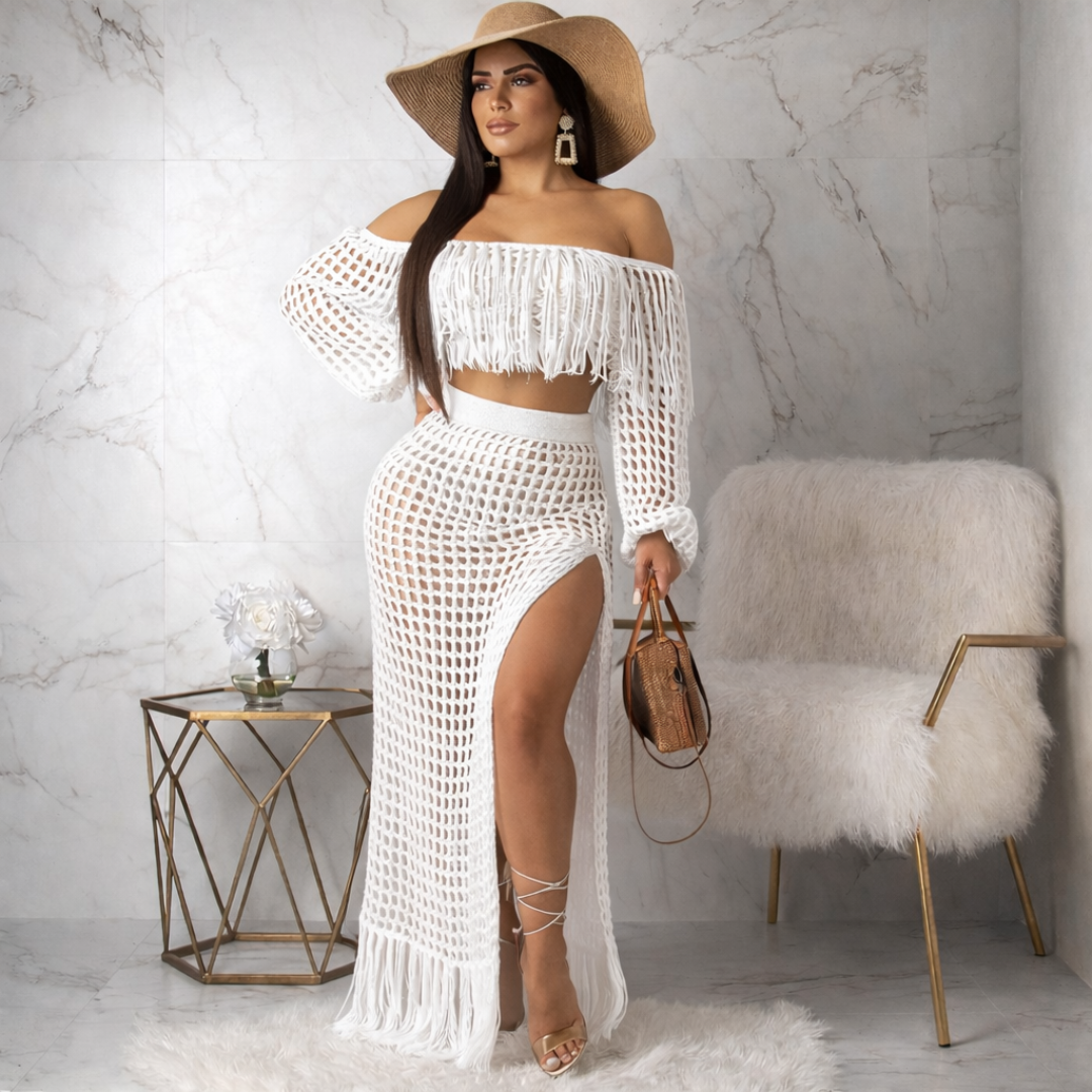Isolde fringe off-shoulder set for women, boho two-piece outfit with fringe detail for beach and summer styling