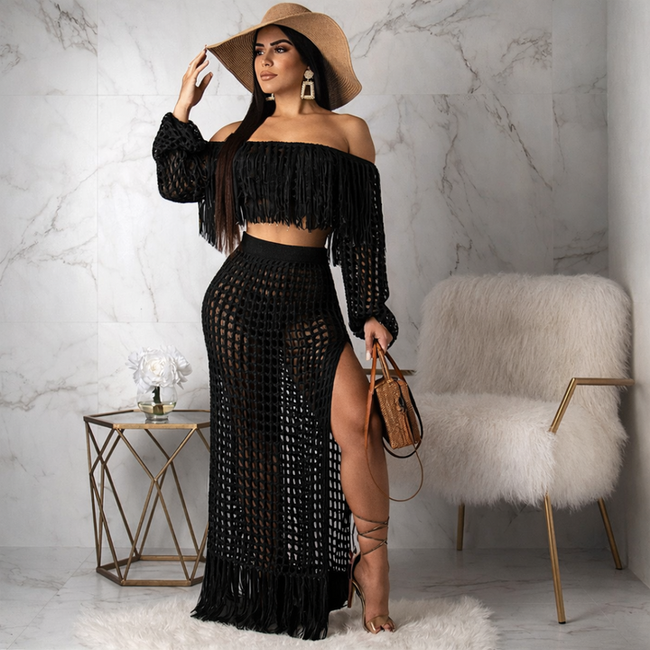 Isolde fringe off-shoulder set for women, boho two-piece outfit with fringe detail for beach and summer styling