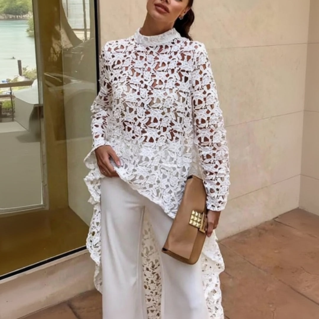 Modern romance lace blouse for women, delicate sheer lace top with feminine elegant detailing, stylish dressy outfit piece