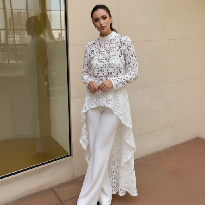 Modern romance lace blouse for women, delicate sheer lace top with feminine elegant detailing, stylish dressy outfit piece