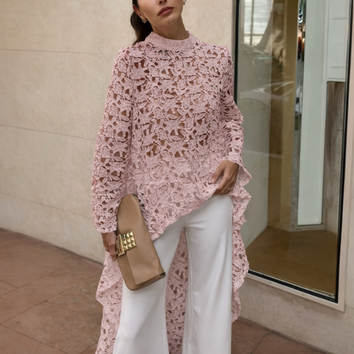 Modern romance lace blouse for women, delicate sheer lace top with feminine elegant detailing, stylish dressy outfit piece