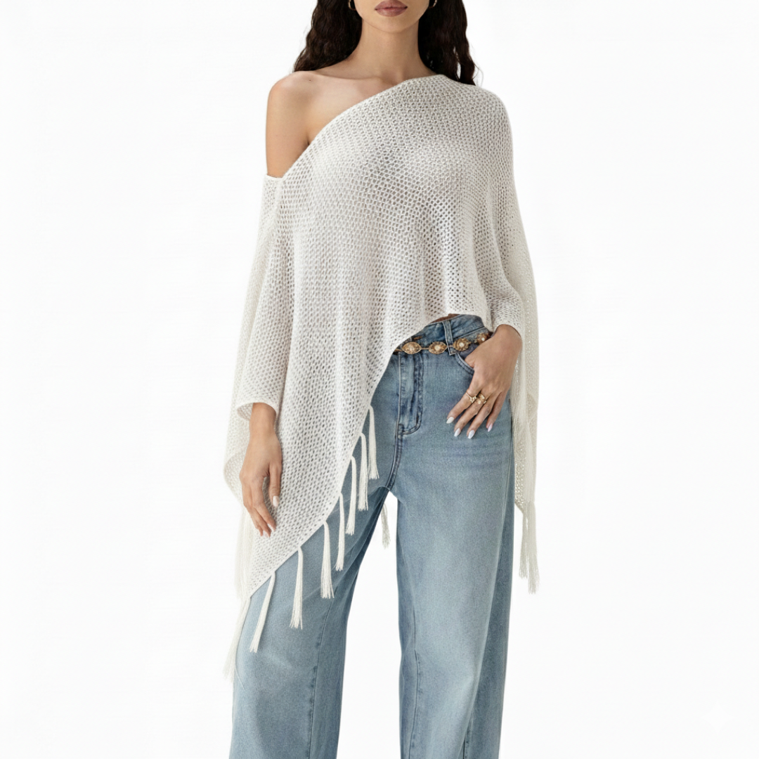 Nova Drift Off-Shoulder Tassel Knit Top